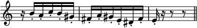 { \override Score.TimeSignature #'stencil = ##f \time 3/8 \relative b' { r16 b-. a-. c-. b-. gis-. | fis-. a-. gis-. e-. dis-. fis-. | e-. r r8 r \bar "||" } }