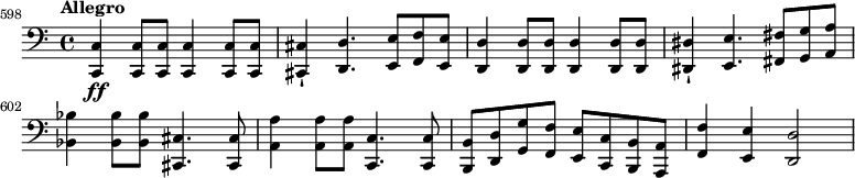 
    \new Staff {
        \set Score.tempoHideNote = ##t \tempo 4 = 132
        \set Staff.midiInstrument = #"piano"
        \set Score.currentBarNumber = #598
        \key c \major
        \clef bass
        \time 4/4
        \bar ""
        ^\markup {  \translate #'(-4 . 0)
              \column {
                \line { \bold { Allegro } }
            }
        }
        <c, c>4\ff 8 8 4 8 8
        <cis, cis>4-! <d, d>4. <e, e>8 <f, f>8 <e, e>8
        <d, d>4 8 8 4 8 8
        <dis, dis>4-! <e, e>4. <fis, fis>8 <g, g>8 <a, a>8
        <bes, bes>4 8 8 <cis, cis>4. 8
        <a, a>4 8 8 <c, c>4. 8
        <b,, b,>8 <d, d> <g, g> <f, f> <e, e> <c, c> <b,, b,> <a,, a,>
        <f, f>4 <e, e> <d, d>2
    }
