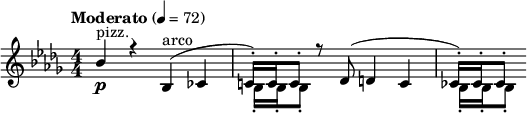 \relative c'' { \sleutel treble \numericTimeSignature \time 4/4 \key bes \minor \tempo "Moderato" 4 = 72 << { bes4\p^"pizz."  r bes,(^"arco" ces | c!16)-.  C-.  c8-.  r des( d4 c | ces16-.) ces-.  ces8-.  } \\ { s1 |  bes16-.  bes-.  bes8-.  |  s4 s2 |  bes16-.[ bes-.  bes8-.] } >> }