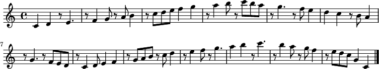 
{
\clef treble
\time 4/4

c'4 d'4 r8  e'4. r8  f'4 g'8 r8  a'8 b'4 r8  c''8 d''8 e''8 f''4 g''4 r8  a''4 b''8 r8  c'''8 b''8 a''8 r8  g''4. r8  f''8 e''4 d''4 c''4 r8  b'8 a'4 r8  g'4. r8  f'8 e'8 d'8 r8  c'4 d'8 e'4 f'4 r8  g'8 a'8 b'8 r8  c''8 d''4 r8  e''4 f''8 r8  g''4.   a''4 b''4 r8  c'''4. r8  b''4 a''8 r8  g''8 f''4 r8  e''8 d''8 c''8 g'4 c'4 
\bar "|."
}
