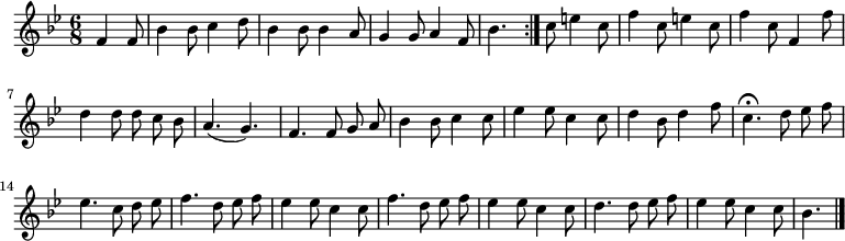 
\relative c' {
  \key bes \major
  \time 6/8
  \partial 4.
  \autoBeamOff
  \repeat volta 2 {
    f4 f8
    bes4 bes8 c4 d8
    bes4 bes8 bes4 a8
    g4 g8 a4 f8

    \set Timing.measureLength = #(ly:make-moment 7 8) % bidouille pour intégrer la croche en trop.
    bes4.
  } c8 e4 c8
  \set Timing.measureLength = #(ly:make-moment 6 8)
  f4 c8 e4 c8
  f4 c8 f,4 f'8

  d4 d8 d c bes
  a4.( g)
  f f8 g a
  bes4 bes8 c4 c8
  es4 es8 c4 c8
  d4 bes8 d4 f8
  c4.\fermata d8 es f
  es4. c8 d es

  f4. d8 es f
  es4 es8 c4 c8
  f4. d8 es f
  es4 es8 c4 c8
  d4. d8 es f
  es4 es8 c4 c8
  bes4.
  \bar "|."
}
