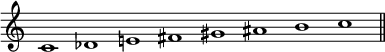 
\language "italiano"
\score {
  \relative do' {
    \time 8/1
    do1 reb mi! fad sold lad si do \bar "||" \break
 }
  \layout {
    \context { \Staff 
               \RemoveEmptyStaves 
               \remove Time_signature_engraver
             }
    indent = 0\cm
    line-width = #120
    \override Score.BarNumber #'stencil = ##f
  }
  \midi { }
}
\header { tagline = ##f}
