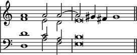 << \override Score.TimeSignature #'stencil = ##f \time 4/2 \new Staff << \new Voice { \relative a' { \stemUp a1 a2 a ^~ | a gis4 fis gis1 \bar "||" } } \new Voice { \relative f' { \stemDown f1 e2 d | e\breve } } >>
\new Staff { \clef bass << \new Voice { \stemUp d'1 c'2 a | b\breve } \new Voice { \stemDown d1 a2 f | e\breve } >> } >>