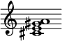 {
  % Rivin lopun pystyviiva ja tahtiosoitus piiloon.
  \override Score.BarLine.break-visibility = ##(#f #t #t)
  \override Staff.TimeSignature #'stencil = ##f
  
  <cis' e' gis' a'>1
}
