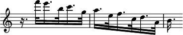 
\version "2.18.2"
\header {
 tagline = ##f
}

\score {
 \new Staff \with {

 }
<<
 \relative c'' {
 \key c \major
 \time 3/8
 \omit Staff.TimeSignature
 \set Staff.midiInstrument = #"harpsichord" 

 %%%%% ms; 115
 r16. f'32 e16. b32 c16. g32 | a16. e32 f16. c32 d16. a32 | b16.

 }
>>
 \layout {
 #(layout-set-staff-size 17)
 \context { \Score \remove "Metronome_mark_engraver" }
 }
 \midi {}
}
