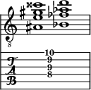  
<<
  %\override Score.BarLine.break-visibility = ##(#f #t #t)
  \time 2/1
    \new Staff  {
    \clef "treble_8"
        \once \override Staff.TimeSignature #'stencil = ##f
        <  ais e' gis' cisis''>1 | <  bes fes' aes' d''>1 |
    }

     \new TabStaff {
       \override Stem #'transparent = ##t
       \override Beam #'transparent = ##t 
      s2 <  ais\4 e'\3 gis'\2 d''\1>1 s2
  }
>>
