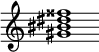 {
  % Rivin lopun pystyviiva ja tahtiosoitus piiloon.
  \override Score.BarLine.break-visibility = ##(#f #t #t)
  \override Staff.TimeSignature #'stencil = ##f
  
  <gis' bis' dis'' fisis''>1
}
