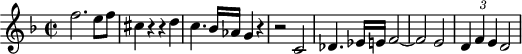 
\header {
 tagline = ##f
}

\score {
 \new Staff \with {

 }
<<
 \relative c'' {
 \key f \major
 \time 2/2
 \tempo 2 = 70
 \override TupletBracket #'bracket-visibility = ##f 
 %\autoBeamOff
 \set Staff.midiInstrument = #"string ensemble 1"

 %%%%%%%%%%%%%%%%%%%%%%%%%% AB 3-1 th3
 f2. e8 f cis4 r4 r4 d4 c4. bes16 aes g4 r4 r2 c,2 des4. ees16 e f2~f e2 \times 2/3 { d4 f e} d2

 }
>>
 \layout {
 \context { \Score \remove "Metronome_mark_engraver"
 \override SpacingSpanner.common-shortest-duration = #(ly:make-moment 1/2)
 }
 }
 \midi {}
}
