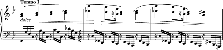 
 \relative c' {
  \new PianoStaff <<
   \new Staff \with { \remove "Time_signature_engraver" } {
    \key bes \major \time 4/4 \tempo "Tempo I"
     <a' f>4_\markup { \italic dolce }( <bes g>\< <c a> <des bes> 
     << <bes' des,> { s16 s16\! s16 s16\> } >> <a c,>8[ r16 <f a,>] <a, c>4\!) <des! bes>\<(
     <bes' des,> <a c,>8\![ r16 <f a,>\>] <a, c>4) <cis g>\! 
   }
   \new Staff \with { \remove "Time_signature_engraver" } {
    \key bes \major \time 4/4 \clef bass
     f,,,16 a' f c r bes' g c, r c' a c, r des' bes g \clef treble
     r bes' des, bes r a' c, a r c a f r des' bes g r bes' des, bes r a' c, a r c a f r cis' g e
   }
  >>
 }

