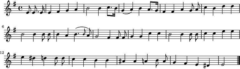 
\relative c' {
  \key e \minor
  \partial 4.
  \autoBeamOff
  e8 e8. e16
  e4 fis g a
  b2 b4 c8.[ b16]
  g4( a) b a8.[ g16]
  fis4 fis a g8 a
  c4 b d d
  b2 b4 b8 b
  b4 a b4.( \grace b8 a)

  g2 fis4 fis8 fis
  g4 g c c
  b2 b4 b8 b
  c4 c e e
  e dis d d8 d
  c4 c b b
  ais ais a b8 a
  g4 fis e dis
  e2
 \bar "|."
}
