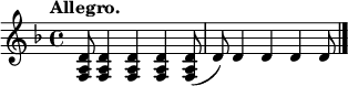 
\relative c' { #(set-global-staff-size 14)
  \key d \minor
  \time 4/4
  \tempo "Allegro."
   <f, a d>8 <f a d>4 <f a d>4 <f a d>4 <f a d>8 ( d'8 ) d4 d4 d4 d8 \bar "|." }
