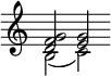 
\language "italiano"
\relative do'' {
  \override Staff.TimeSignature #'stencil = ##f
  \cadenzaOn
  \clef treble
  \key do \major
  <<  {
        \voiceOne
        \stemUp <sol fa re>2  <sol mi> 
      }
      \new Voice {
        \voiceTwo
        si,( do)
      }
  >>
}
\header { tagline = ##f}
\paper {
  indent = 0
  line-width = #120
}
