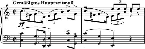 
{ \new PianoStaff <<
 \new Staff <<
  \set Score.tempoHideNote = ##t \new Voice \tempo "Gemäßigtes Hauptzeitmaß" 2 = 40 \relative e'' {
 \clef "treble" \key c \major \stemUp \time 2/2 | % 1
 s1 \ff | % 2
 r2 \once \override TupletBracket #'stencil = ##f
 \times 2/3 {
  e8 e8 e8
 }
 e8\noBeam [e8] }
 \relative c'' {
 \clef "treble" \key c \major \stemDown \time 2/2 | % 1
 c8. ( fis,16 g8. d16
 ) \once \override TupletBracket #'stencil = ##f
 \times 2/3 {
  e8 ( g8 b8 )
 }
 c8\noBeam [-> g8] -> | % 2
 c8. ( fis,16 g8. d16 ) \once \override TupletBracket #'stencil = ##f
 \times 2/3 {
  e8 _( g8 b8 )
 }
 c8\noBeam r8
 } >>
\new Staff \relative c { \set Staff.midiInstrument = #"piano" \key c \major \clef bass \time 2/2
 \clef "bass" \key a \major \time 2/2 <c c'>4 ( <g g'>8. <d d'>16 <e
 e'>4 ) <c' c'>8 -> <g g'>8 -> | % 2
 <c c'>4 ( <g g'>4 <e e'>4 ) r4 }
>> }
