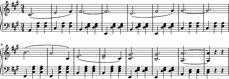 
 \relative g'' {
  \new PianoStaff <<
   \new Staff { \key fis \minor \time 3/4
    \tempo \markup {
     \column {
   }
    }
    cis,,2.( e2 fis4) fis2.~ fis d2.( fis2 gis4) gis2.~ gis b( a2 cis,4) e2.( <d fis>2 cis4) <cis gis'>2. <b gis'> <a a'>~ <a a'>4 r r
   }
   \new Staff { \key fis \minor \time 3/4 \clef bass
   a, <e' a> <e a> cis <e a> <e a> b <d e gis> <d e gis> e, <d' e gis> <d e gis> b <d e gis> <d e gis> e, <d' e gis> <d e gis> cis <e a> <e a> cis <e a> <e a> fis, <a' fis cis> <a fis cis> fis, <a' fis cis> <a fis cis> b, <a' fis d> <a fis d> b, <a' fis d> <a fis d>e, <d' e gis> <d e gis> e, <d' e gis> <d e gis> a <cis e> <cis e> <cis e> r r
   }
  >>
 }
