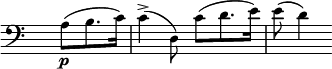 
\language "italiano"
melody = \relative do' {
  \clef bass
  \key do \major
  \time 3/4
  \override Staff.TimeSignature.transparent = ##t
    \partial 8*3 la8[(\p si8. do16]) | do4->( \autoBeamOff re,8) \autoBeamOn do'[( re8. mi16]) | mi8( re4)
}
\score {
  <<
    \new Voice = "mel"
    {  \melody }
  >>
  \layout {
    \context { \Staff \RemoveEmptyStaves }
    indent = 0.0\cm
    \override Score.BarNumber #'stencil = ##f
    line-width = #120
    \set fontSize = #-1
  }
}
\header { tagline = ##f}