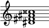 {
  % Rivin lopun pystyviiva ja tahtiosoitus piiloon.
  \override Score.BarLine.break-visibility = ##(#f #t #t)
  \override Staff.TimeSignature #'stencil = ##f
  
  <dis' fis' ais' cisis''>1
}
