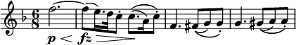 \relative f'' { \key f \major \time 6/8 f2.~ \p \< f8)( \fz \> e16.) d32 c8-.  c8.\(( \! a16) c8-.\) f,4.  fis8\(( g) g-.\) g4.  gis8\(( a) a-.\) }