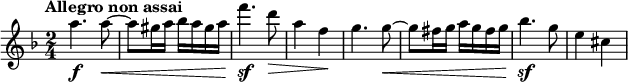 \relative c''' {
\key d \minor
\time 2/4
\tempo "Allegro non assai"
a4.\f a8~\< | a gis16 a bes a gis a | f'4.\sf d8\> | a4 f\! | g4. g8~\< | g fis16 g a g fis g | bes4.\sf g8 | e4 cis | 
}