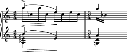 
\language "italiano"
\score {
  \new PianoStaff <<
   \new Staff = "up" <<
    \clef treble
    \relative do''' {
      \time 2/4
      << 
         { \phrasingSlurUp si4^>\( mi,\) } 
       \\ 
         { si'16[ do,!\> si' do,] mi[\! do mi do] } 
      >> \bar "||" 
      \time 3/4 
      << { la'4 } \\ {la16[ sib,] } >>
    }
>>
   \new Staff = "down" \with {
  \consists "Span_arpeggio_engraver"
}
<<
    \clef treble
    \relative do'' {
      \time 2/4
      \set Staff.connectArpeggios = ##t
      << { si4^>\arpeggio\>\( mi,\!\) } \\ { <mi la,>4\arpeggio  } >> \bar "||"
      \time 3/4
      << { la4 } \\ { <re, sol,!>4 } >>
    }
>>
  >>
  \layout {
    \context { \Staff \RemoveEmptyStaves }
    \context { \Score \override SpacingSpanner.base-shortest-duration = #(ly:make-moment 1/32) }
    indent = 0\cm
    line-width = #120
    \override Score.BarNumber #'stencil = ##f
  }
}
\header { tagline = ##f}
