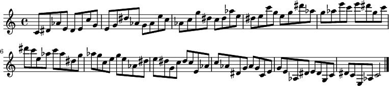 
{

\modalTranspose c c' { c dis e g aes } { c8 dis aes e } 
\modalTranspose c dis' { c dis e g aes } { c dis aes e } 
\modalTranspose c e' { c dis e g aes } { c dis aes e } 
\modalTranspose c g' { c dis e g aes } { c dis aes e } 
\modalTranspose c aes' { c dis e g aes } { c dis aes e } 
\modalTranspose c c'' { c dis e g aes } { c dis aes e } 
\modalTranspose c dis'' { c dis e g aes } { c dis aes e } 
\modalTranspose c e'' { c dis e g aes } { c dis aes e } 
\modalTranspose c g'' { c dis e g aes } { c dis aes e } 

\modalInversion c e''' { c dis e g aes } { c dis aes e } 
\modalInversion c dis''' { c dis e g aes } { c dis aes e } 
\modalInversion c c''' { c dis e g aes } { c dis aes e } 
\modalInversion c aes'' { c dis e g aes } { c dis aes e } 
\modalInversion c g'' { c dis e g aes } { c dis aes e } 
\modalInversion c e'' { c dis e g aes } { c dis aes e } 
\modalInversion c dis'' { c dis e g aes } { c dis aes e } 
\modalInversion c c'' { c dis e g aes } { c dis aes e } 
\modalInversion c aes' { c dis e g aes } { c dis aes e } 
\modalInversion c g' { c dis e g aes } { c dis aes e } 
\modalInversion c e' { c dis e g aes } { c dis aes e } 
\modalInversion c dis' { c dis e g aes } { c dis aes e } 

c'2

\bar "|."
}
