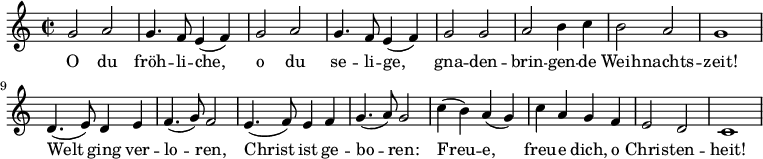 
<<
  \new Voice \relative c'' {
    \autoBeamOff
    \language "deutsch"
    \set Staff.midiInstrument = #"recorder"
    \tempo 4 = 120 \set Score.tempoHideNote = ##t
    \time 2/2
    \repeat unfold 2 {
      g2 a g4. f8 e4 ( f )
    }
    g2 g a h4 c h2 a g1
    d4. ( e8 ) d4 e f4. ( g8 ) f2
    e4. ( f8 ) e4 f g4. ( a8 ) g2
    c4 ( h ) a ( g ) c a g f e2 d c1
  }
  \addlyrics {
    O du fröh -- li -- che, o du se -- li -- ge,
    gna -- den -- brin -- gen -- de Weih -- nachts -- zeit!
    Welt ging ver -- lo -- ren, Christ ist ge -- bo -- ren:
    Freu -- e, freu -- e dich, o Chris -- ten -- heit!
  }
>>
