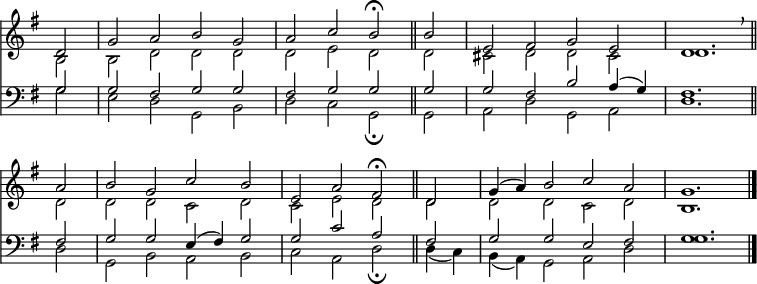 
<< <<
\new Staff { \clef treble \time 4/2 \key g \major \partial 2 \set Staff.midiInstrument = "church organ" \omit Staff.TimeSignature \set Score.tempoHideNote = ##t \override Score.BarNumber  #'transparent = ##t
  \relative c'
  << { d2 | g a b g | a c b \fermata \bar"||" b | e, fis g e | d1. \breathe \bar"||" \break
       a'2 | b g c b | e, a fis \fermata \bar"||" d | g4( a) b2 c a | g1. \bar"|." } \\
  { b,2 | b d d d | d e d d| cis d d cis | d1.
    d2 | d d c d | c e d d | d d c d | b1. } >>
}
\new Staff { \clef bass \key g \major \set Staff.midiInstrument = "church organ" \omit Staff.TimeSignature
  \relative c'
  << { g2 | g fis g g | fis g g g | g fis b a4( g) | fis1.
       fis2 | g g e4( fis) g2 | g c a fis | g g e fis | g1. } \\
  { g2 | e d g, b | d c g \fermata g | a d g, a | d1.
    d2 | g, b a b | c a d \fermata d4( c) | b( a) g2 a d | g1. } >>
}
>> >>
\layout { indent = #0 }
\midi { \tempo 2 = 69 }
