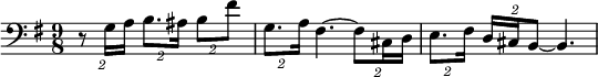 
\relative c'' {
\time 9/8
\set Staff.midiInstrument = #"string ensemble 1"
\set Score.tempoHideNote = ##t \tempo 8. = 120
\clef bass
  \set Score.barNumberVisibility = #all-bar-numbers-visible
  \override TupletBracket #'stencil = ##f
  \key e\minor
\tuplet 2/3 {r8 g,16 a} \tuplet 2/3 {b8. ais16} \tuplet 2/3 {b8 fis'}|\tuplet 2/3 {g,8. a16} fis4.~ \tuplet 2/3 {fis8 cis16 d} |\tuplet 2/3 {e8. fis16} \tuplet 2/3 {d16 cis b8~} b4.
}
