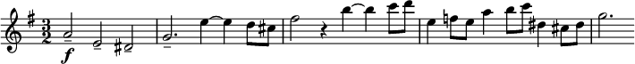 \relative c'' {\set Staff.midiInstrument = #"string ensemble 1"\set Score.tempoHideNote = ##t \tempo 2 = 80\time 3/2  \set Score.barNumberVisibility = #all-bar-numbers-visible  \override TupletBracket #'stencil = ##f  \set Score.currentBarNumber = #1  \key e\minor  % Permit first bar number to be printeda2\f-- e-- dis-- | g2.-- e'4~ e d8 cis | fis2 r4 b4~ b c8 d | e,4 f8 e a4 b8 c dis,4 cis8 dis | g2.}