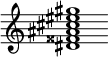 {
  % Rivin lopun pystyviiva ja tahtiosoitus piiloon.
  \override Score.BarLine.break-visibility = ##(#f #t #t)
  \override Staff.TimeSignature #'stencil = ##f
  
  <dis' fisis' ais' cis'' eis'' gis''>1
}
