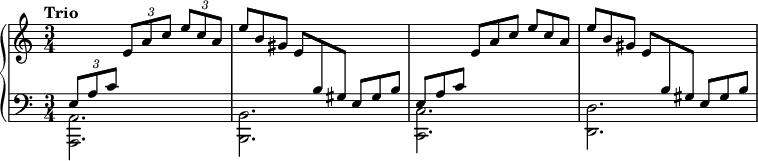 
 \relative c' {
  \new PianoStaff <<
   \new Staff = "up" { \key c \major \time 3/4 \tempo "Trio"
    \stemUp \change Staff = "down" \times 2/3 { e,8 a c }
    \change Staff = "up" \times 2/3 { e a c } \times 2/3 { e c a }
     e'8*2/3 b gis e \change Staff = "down" b gis e gis b |
     e, a c \change Staff = "up" e a c e c a |
     e' b gis e \change Staff = "down" b gis e gis b
   }
   \new Staff = "down" { \key c \major \time 3/4 \clef bass
    \stemDown <a, a,>2. <b b,> <c c,> <d d,>
   }
  >>
 }
