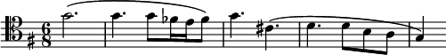 { \time 6/8 \key g \major \clef tenor \relative g' { g2.\( | g4. g8 fes16 e fes8\) | g4. cis,\( | d d8 b a | g4\) } }