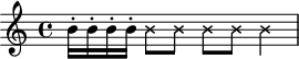 \ Tête {= ## tagline f} = {thème \ c relatif '' {\ clé c \ principale \ 4/4 \ time 2 = 60 {b16-. b16-. b16-. b16-. \ = # Remplacer NoteHead.style « croix B8 B8 B8 B8 b4}}} \ partition {\ thème \ layout {\ contexte {\ score \ supprimer "Metronome_mark_engraver"}}}