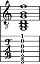  
<<
  %\override Score.BarLine.break-visibility = ##(#f #t #t)
  \time 1/1
    \new Staff  {
    \clef "treble_8"
        \once \override Staff.TimeSignature #'stencil = ##f
        <g, b, d g b f'>1
    }

     \new TabStaff {
       \override Stem #'transparent = ##t
       \override Beam #'transparent = ##t 
      <g,\6 b,\5 d\4 g\3 b\2 f'\1>1
  }
>>
