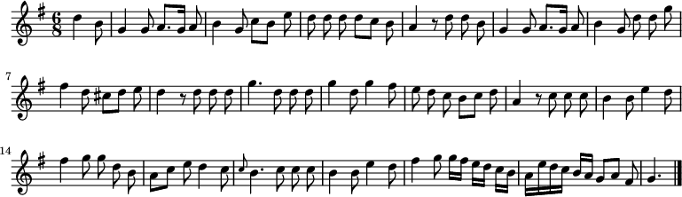 
\relative c'' {
  \key g \major
  \time 6/8
  \partial 4.
  \autoBeamOff
  d4 b8
  g4 g8 a8.[ g16] a8
  b4 g8 c[ b] e
  d d d d[ c] b
  a4 r8 d d b

  g4 g8 a8.[ g16] a8
  b4 g8 d' d g
  fis4 d8 cis[ d] e
  d4 r8 d d d
  g4. d8 d d
  g4 d8 g4 fis8

  e d c b[ c] d
  a4 r8 c c c
  b4 b8 e4 d8
  fis4 g8 g d b
  a[ c] e d4 c8
  \grace c b4. c8 c c

  b4 b8 e4 d8
  fis4 g8 g16[ fis] e[ d] c[ b]
  a[ e' d c] b[ a] g8[ a] fis
  g4.
  \bar "|."
}
