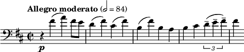 
\relative c' { \sleutel bas \toets d \majeur \time 2/2 \tempo "Allegro moderato" 2 = 84 \set Staff.midiInstrument = "cello" r4\p fis( a) fis8 e d4( fis) cis ( fis) b,( fis') b, ab cis \times 2/3 {d--( e-- fis--)} fis }
