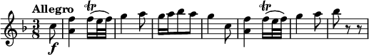 
\relative c' { 
   \version "2.18.2"
   \clef "treble" 
   \tempo "Allegro" 
   \key f \major
   \time 3/8
  \partial 8  c'8 \f
   <a f'>4 f'16\trill (e32 f)
   g4 a8
   g16 a bes8 a
   g4 c,8
   <a f'>4 f'16\trill (e32 f)
   g4 a8
   bes r8 r8
}
