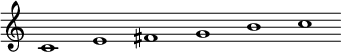 
 \relative c' {\override Score.BarLine.stencil = ##f \override Score.TimeSignature.stencil = ##f c1 e fis g b c}
