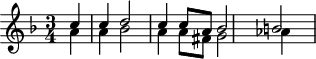 
\header {
 tagline = ##f
}

\score {
 \new Staff \with {

 }
<<
 \relative c'' {
 \key f \major
 \time 3/4
 \override TupletBracket #'bracket-visibility = ##f 
 %\autoBeamOff

 %%%%%%% K 82
 \partial 4
 << { c4 c d2 c4 c8[ a] bes2 b! } \\ { a4 a bes2 a4 a8[ fis] g2 aes4 } >>
 }
>>
 \layout {
 \context {
 \remove "Metronome_mark_engraver"
 }
 }
 \midi {}
}
