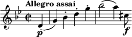 \relative c' { \time 2/2 \partial 4 \tempo "Allegro assai" \key g \minor d\p ( \bar "|" g )  bes-. d-. g-. \bar "|" bes2 ( a4 ) cis,8\f  }