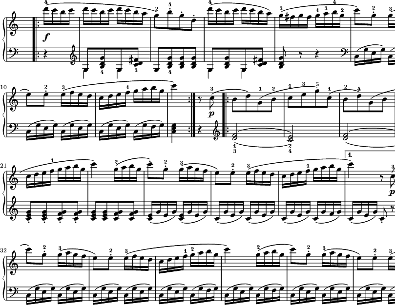 
sVarB = { r4 \clef "violin" | << { \voiceOne g'8[<b d g>_4 g <c d fis>_3] } \new Voice { \voiceTwo g4 g } >> | \oneVoice g8[<b d g>_4 <b d g> <b d g>] | << { \voiceOne g8[<b d g> g <c d fis>] } \new Voice { \voiceTwo g4 g } >> | \oneVoice <b d g>8 r r4 \clef "bass" | c,16([g' e g]) c,([g' e g]) | c,16([g' e g]) c,([g' e g]) | c,16([g' e g]) c,([g' f g]) | c,16([g' e g]) c,([g' f g]) | c,16([g' e g]) c,([g' e g]) | c,16([g' e g]) c,([g' e g]) | c,16([g' e g]) c,([g' f g]) | <c, e g>4 r \clef "violin" | \set doubleSlurs = ##t <d' f>2_1_3( | <c e>_2_4) | <d f>( | <c e>) | <d f>( | <c e>4) r \set doubleSlurs = ##f | <c e g>8_.[<c e g>_. <c e g>_. <c e g>_.] | <c e g>_.[<c e g>_. <c e g>_. <c e g>_.] | <c e g>_.[<c e g>_. <c f g>_. <c f g>_.] | 
<c e g>[<c e g> <c f g> <c f g>] | <c e>16([g' e g]) <c, e>([g' e g]) | c,([g' e g]) c,([g' e g]) | c,([g' e g]) c,([g' f g]) | c,([g' e g]) c,8_. r | <c e g>4 r | 
<< { \voiceOne g8[<b d g>_4 g <c d fis>_3] } \new Voice { \voiceTwo g4 g } >> | \oneVoice g8[<b d g> <b d g> <b d g>] | << { \voiceOne g8[<b d g> g <c d fis>] } \new Voice { \voiceTwo g4 g } >> | \oneVoice <b d g>8 r r4 \clef "bass" | c,16([g' e g]) c,([g' e g]) | c,16([g' e g]) c,([g' e g]) | c,16([g' e g]) c,([g' f g]) | c,16([g' e g]) c,([g' f g]) | c,16([g' e g]) c,([g' e g]) | c,16([g' e g]) c,([g' e g]) | c,16([g' e g]) c,([g' f g]) | <c, e g>8 r <c f g> r | <c e g>8 r <c f g> r | <c e g>8 r <c e g> r | <c e g>4 << { \voiceOne \crossStaff { \autoBeamOff g'8 g | <e g>4 } } \new Voice { \voiceTwo c8_1[c] | c,4 } >> }

sVarA = { \bar ".|:" \repeat volta 2 { d16-4(\f[c b c] | d[c b c] d([c b a] | g8-2)[b-.-4 g-. d-.] d'16-4([c b c] d[c b a]) | g-3([fis g fis] g-1[a-3 b-4 g-2] | c8)[g-.-2] g16-3([a g f] | e8)[e-.-2] e16-3([f e d] | 
c[d e f-1] g[a b g] | c4) g16-2([a b g] | c8)[g-.-2] g16-3([a g f] | e8)[e-.-2] e16-3([f e d] | c[d e f-1] g[a b g] | c4) } r8 c,8-3\p( \repeat volta 2 { \bar ".|:" b[d)g,-1(b-2] | c-1[e-3 g-5)c,-1]( b-2[d-4)g,(b] | c-1[e g)c,-1]( | b-2[d)g,-1(b] | c16-1)([d e f-1] g[a b g] | c8)\mf[g-.-2] g16-3([a g f] | e8)[e-.-2] e16([f e d] | c[d e f-1] g[a b g] |
c4) g16-2([a b g] | c8-.)[g-.-2] g16-3([a g f] | e8)[e-.-2] e16-3([f e d] | c[d e f-1] g[a b g] } \alternative { { c4) r8 c,-3\p( } { c'4) d16-4([c b c] } } | d[c b c] d[c b a] | 
g8-2)[b-.-4 g-. d-.] | d'16-4([c b c] d[c b a]) | g-3([fis g fis] g-1[a-3 b-4 g-2] | c8)[g-.-2] g16-3([a g f] |e8)[e-.-2] e16-3([f e d] | c[d e f-1]g-2[a b g] | c4) g16-2([a b g] | 
c8)[g-.-2] g16-3([a g f] | e8)[e-.-2] e16-3([f e d] c[d e f-1] g[a b g] | c8^>-5)\ff[c^>] g16-2([a b g] | c8^>)[c-.^>] g16([a b g] | <e g c>8) r <g c e> r | <e g c>4 <c, e>8-3-5[<c e>] | c4 \bar "|." }

\paper { #(set-paper-size "a2") oddHeaderMarkup = \evenHeaderMarkup }
\header { tagline = ##f }
\version "2.18.2"
\score {
\midi {  }
\layout { line-width = #360
\context { \PianoStaff \consists #Span_stem_engraver } indent = 0\cm}
\new PianoStaff <<
  \new Staff { \clef "violin" \key c \major \time 2/4 \override Staff.TimeSignature #'transparent = ##t \relative c''' { \partial 4 \sVarA } }
  \new Staff { \clef "bass" \key c \major \time 2/4 \override Staff.TimeSignature #'transparent = ##t \relative g, { \sVarB } }
>> }