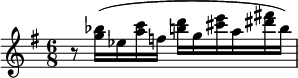 \relative c''' { \key g \major \time 6/8    r8 <bes g>16( ees, <c' a> f, <d' b > g, <e' cis > a,  <fis'! dis > b,)  }