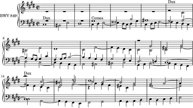 
\version "2.18.2"
\header {
 tagline = ##f
}

DuxNotes = { cis1 bis2 e dis1 } % cis4 dis e2~ e4
DuxNotesB = { cis2 bis2 e dis1 }
Dux = { s4*0^\markup{Dux} \DuxNotes }
DuxB = { s4*0^\markup{Dux} r2 \DuxNotesB }
Comes = { \transpose cis gis \relative { s4*0^\markup{Comes} \DuxNotes } }
ComesB = { \transpose cis gis \relative { r2^\markup{Comes} \DuxNotesB } }

upper = \relative c'' 
{
 \clef treble 
 \key cis \minor
 \time 2/2
 \tempo 2 = 63
 \set Staff.midiInstrument = #"harpsichord" 

 %% FUGUE CBT I-4, BWV 849, ut-dièse mineur
 << { s1*13 \relative c'' { \DuxB } } \\ { R1*6 \relative c' { \DuxB cis2 fis~ fis4 e dis cis cis2 b cis fis~ fis4 e dis cis | dis2 gis | r4 a4 gis fis eis cis fis2 | e1~ e2 } } \\ { s1*11 r2 gis2 eis a gis fis2~ fis cis'_~ cis b~ b a gis a~ a4 } >>


}

lower = \relative c
 {
 \clef bass 
 \key cis \minor
 \time 2/2
 \set Staff.midiInstrument = #"harpsichord" 

 << { R1*3 \Comes gis'2 a~ a4 gis8 fis gis4 cis | fis, gis8 a b2~ b4 a gis fis gis2 fis4 e dis2. d4 cis1~ cis } \\ { \relative c { \Dux cis4 dis e2~ e4 dis8 cis dis4 gis cis, dis8 e fis2~ fis4 e dis cis | dis2 cis~ cis4 b a gis a2 ais bis cis | gis4 a b2~ | b4 a gis fis | cis'2 a~ | a4 gis fis e fis2 gis | a4 gis a b | cis b cis dis e2 } } >>

} 

\score {
 \new PianoStaff <<
 \set PianoStaff.instrumentName = #"BWV 849"
 \new Staff = "upper" \upper
 \new Staff = "lower" \lower
 >>
 \layout {
 \context {
 \Score
 \remove "Metronome_mark_engraver"
 %\override SpacingSpanner.common-shortest-duration = #(ly:make-moment 1/2)
 }
 }
 \midi { }
}
