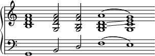 
\language "italiano"
upper = \relative do'' {
  \override Staff.TimeSignature #'stencil = ##f
  \clef treble
  \cadenzaOn
  \key do \major
  <<  {
        \voiceOne
        <la fa re si>1 <la fa re sol,>2 <la fa si, sol> la1( sol)
      }
      \new Voice {
        \voiceTwo
        s1*2 <re si>1 \glissando <mi do>
      }
      \new Voice {
        \voiceThree
        s1*2 \override NoteColumn.force-hshift = #0 sol,1 sol
      }
    >>
}
lower = \relative do {
  \override Staff.TimeSignature #'stencil = ##f
  \clef bass
  \cadenzaOn
  \key do \major
   sol1 si2 \stemUp re \slurUp fa1( mi)
}
\score {
  \layout {
    \context {
      \Score
      \override SpacingSpanner.base-shortest-duration = #(ly:make-moment 1/16)
    }
  }
  \new PianoStaff <<
    \new Staff = "upper" \upper
    \new Staff = "lower" \lower
  >>
}
\header { tagline = ##f}
\paper {
  indent = 0
  line-width = #120
}
