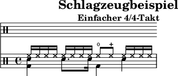 
\version "2.20.0"
\header {
  title = "Schlagzeugbeispiel"
  subtitle = "Einfacher 4/4-Takt"
}

% cymc cyms cymr hh hhc hho hhho hhp 
%  cb hc bd sn ss tomh tommh tomml toml tomfh tomfl s16

myHands = \drummode {
  hh16 hh hh hh hh hh hh hh
  hho8    hhc hh16 hh hh hh
}
myFeeds = \drummode {
  <bd snare>4 sn8. 16 bd4 sn4
}
myDrum = {  \new DrumStaff <<
   \new DrumVoice { 
     \voiceOne \myHands }
     \\
   { \voiceTwo \myFeeds}
  >>
}

\score {
  << \new DrumStaff \with {
       \remove Bar_engraver
       \remove Time_signature_engraver
       \hide Stem
       \override Stem.Y-extent = ##f
     } \myDrum

  >>
  \layout {}
  \midi {}
}

\paper {
  indent=0\mm
  line-width=120\mm
  oddFooterMarkup=##f
  oddHeaderMarkup=##f
  % bookTitleMarkup=##f
  scoreTitleMarkup=##f
}
