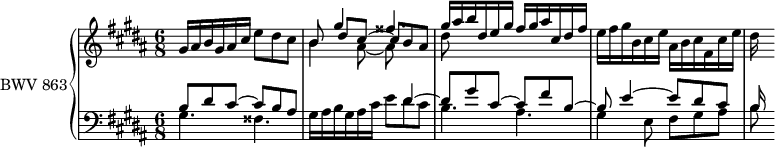 
\version "2.18.2"
\header {
  tagline = ##f
}

Thema = { gis16 ais b gis ais cis e8 dis cis }

upper = \relative c''
{
    \clef treble 
    \key gis \minor
    \time 6/8
    \tempo 8 = 96
    \set Staff.midiInstrument = #"harpsichord" 

   %% PRÉLUDE CBT I-18, BWV 863, sol-dièse mineur

    \Thema << { b8 gis'4 fisis4. gis16 ais b dis, e gis fis gis ais cis, dis fis } \\ { b,4 ais8~ ais8 } \\ { s8 dis8[ cis8~] cis8 b ais \stemDown dis } >>
    e16fis gis b, cis e ais, b cis fis, cis' e dis
}

lower = \relative c'
{
    \clef bass 
    \key gis \minor
    \time 6/8
    \set Staff.midiInstrument = #"harpsichord" 

    << { b8 dis cis~ cis b ais s8*4 dis4~ dis8 gis cis,~ cis fis b,~ b e4~ e8 dis cis b16 } \\ { gis4. fisis \Thema b4. ais gis4 e8 fis gis ais b } >>

} 

\score {
  \new PianoStaff <<
    \set PianoStaff.instrumentName = #"BWV 863"
    \new Staff = "upper" \upper
    \new Staff = "lower" \lower
  >>
  \layout {
    \context {
      \Score
      \remove "Metronome_mark_engraver"
      %\override SpacingSpanner.common-shortest-duration = #(ly:make-moment 1/2) 
    }
  }
  \midi { }
}
