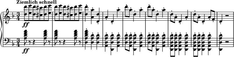 
\relative c'' { \new PianoStaff << \new Staff { \set Staff.midiInstrument = #"piano" \key d \moll \clef treble \time 3/4 \set Score.tempoHideNote = ##t \tempo " Ziemlich schnell" 4 = 220 <d d'>8 \ff <e e'>8 <d d'>8 <cis cis'>8 <d d'>8 <e e'>8 |  <d d'>8 <e e'>8 <d d'>8 <cis cis'>8 <d d'>8 <e e'>8 |  <d d'>4 -.  <a a'>4 -.  <d, d'>4 -.  |  a'4 -.  d,4 -.  a''4 -.  |  d8 -.  a8 -.  d,4 -.  a'4 -.  |  d8 -.  a8 -.  d,4 -.  a'4 -.  |  d,8 -.  a8 -.  d,4 -.  a'4 -.  |  d8 -.  a8 -.  d,4 -.  a'8 -.  f8 -.  |  d4 -.  r2 |  } \new Staff { \set Staff.midiInstrument = #"piano" \key d \moll \clef bass \time 3/4 <adf a>8 \ff r8 r4 <adf a>8 r8 |  <adf a>8 r8 r4 <adf a>8 r8 |  <d, a' df a>4 -.  <da' d>4 -.  <da' d>4 -.  |  <ada' d>4 -.  <d, d' a' d>4 -.  <a'da'd>4 -.  |  <da'd>8 -.  <ada' d>8 -.  <d, d' a' d>4 -.  <a'da'd>4 -.  |  <da'd>8 -.  <ada' d>8 -.  <d, d' a' d>4 -.  <a'da'd>4 -.  |  <d, a' da' d>8 -.  <da'da'd>8 -.  <da'da'd>4 -.  <da'da'd>4 -.  |  <da'da'd>8 -.  <da'da'd>8 -.  <da'da'd>4 -.  <da'da'd>4 -.  |  <dd' a' d>4 -.  r2 |  } >> }
