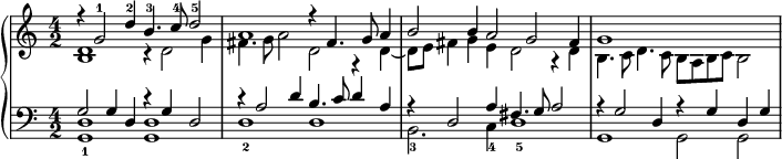 
\version "2.14.2"
\header {
  tagline = ##f
}
upper = \relative c' {
  \clef treble 
  \key a \minor
  \time 4/2
  \tempo 2 = 50
  \autoBeamOff
  \set Staff.midiInstrument = #"harpsichord"

    << { r4 g'2^1 d'4^2 b4.^3 c8^4 d2^5 } \\ { << d,1 b1 >> r4 d2 g4 } >> 
    << { a1 r4 fis4. g8 a4 } \\ { fis4. g8 a2 d, r4 d4~ } >> 
    << { b'2 b4 a2 g fis4 } \\ { d8 e fis4 g e d2 r4 d4 } >> 
    << { g1 } \\ { b,4. c8 d4. c8 b a b c b2 } >> 
   % << { a'4\rest g4~ g16 d e f g a b c } \\ { s4 << d,2 b >> } >> 
   % << { d'4. c8 b a b4 } \\ { s2 s4 g4 } \\ { << g1 d >> }  >>

}

lower = \relative c {
  \clef bass
  \key a \minor
  \time 4/2
  \set Staff.midiInstrument = #"harpsichord"

    << { g'2 g4 d r4 g4 d2 } \\ { << d1 g,1_1 >> << d'1 g,1 >> } >> 
    << { r4 a'2 d4 b4. c8 d4 a } \\ { d,1_2 d } >> 
    << { r4 d2 a'4 fis4. g8 a2 } \\ { b,2._3 c4_4 d1_5 } >> 
    << { r4 g2 d4 r4 g4 d g } \\ { g,1 g2 g } >> 
   % << { g'2 g4 d } \\ { << d1 g,1 >> } >> 
   % << { r4 g'4~ g16 d e f g a b c } \\ { << d,1 g,1 >> } >> 
}

\score {
  \new PianoStaff <<
    \set PianoStaff.instrumentName = #""
    \new Staff = "upper" \upper
    \new Staff = "lower" \lower
  >>
  \layout {
    \context {
      \Score
      \remove "Metronome_mark_engraver"
    }
  }
  \midi { }
}
