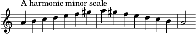  {
\override Score.TimeSignature #'stencil = ##f
\relative c'' {
  \clef treble \key a \minor \tempo 4 = 360 \set Score.tempoHideNote = ##t \time 7/4
  a4^\markup "A harmonic minor scale" b c d e f gis a gis f e d c b a2
} }

