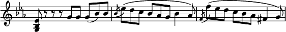 
 \relative c' {
  \new Staff \with { \remove "Time_signature_engraver" } { \key es \major \time 9/8
   <es bes g>8 r r r g g g( bes) bes \acciaccatura bes es( d c bes aes g bes4 aes8) \acciaccatura f f'( es d c bes aes fis4 g8)
  }
 }
