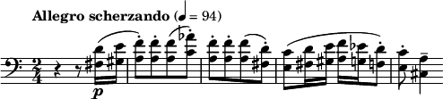 
{ \key c \major \tempo "Allegro scherzando" 4=94 \time 2/4 \relative c
{\clef bass
r4
r8
<fis d'>16 \p
(<gis e'>
<a f'>8-.)
[<a f'>-.
<a f'>
(<c as'>-.)]
<a f'>-.
[<a f'>-.
<a f'>
(<fis d'>-.)]
<e c'>
(<fis d'>16
<gis e'>
<a f'>
<g es'>
<f d'>8-.)
<e c'>8-.
<cis a'>4--}
}
